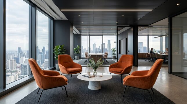 Modern office waiting room and meeting room interior with large windows.