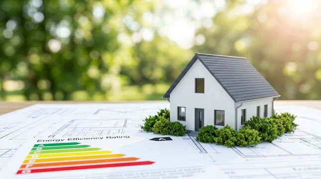 Eco friendly house model sitting on blueprints with an energy efficiency rating.