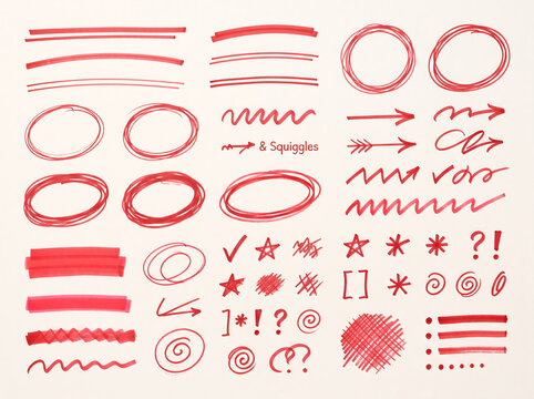 Big collection of red hand-drawn marker scribbles, circles, arrows, lines and editing symbols on textured background