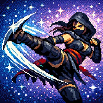 Masked martial warrior attacks beneath a glowing cosmic sky 
