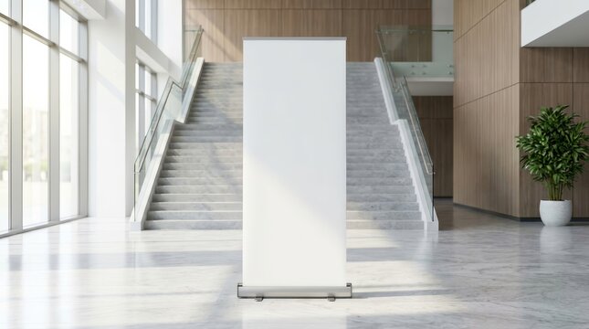 Blank white roll-up banner template standing vertically in a modern office lobby with stairs.