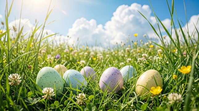 Colorful Easter eggs hidden in green grass under a bright blue sky with white clouds.