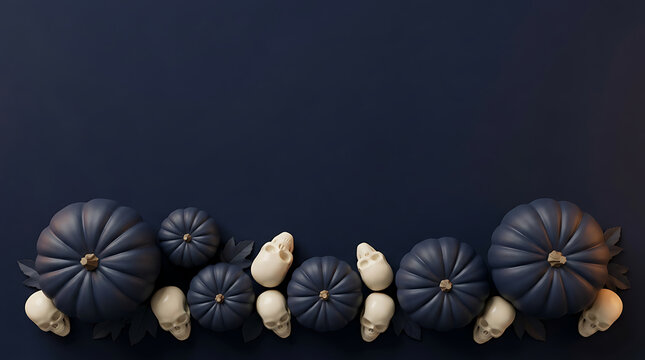Dark blue pumpkins and small white ghost decorations arranged in a row for a modern Halloween holiday flat lay composition