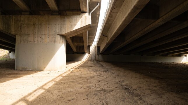 Underneath a concrete highway bridge structure with pillars and shadows