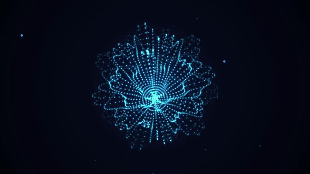 Abstract blue glowing sphere composed of interconnected digital dots motion graphics