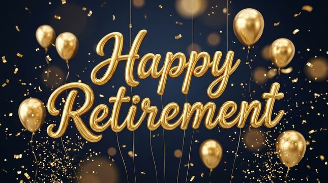 Golden balloons spell out Happy Retirement with falling confetti for a festive celebration.
