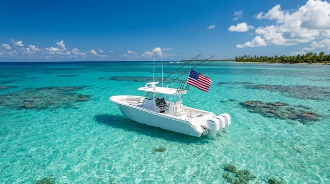 A center console fishing boat with an American flag floating in crystal clear turquoise ocean water.