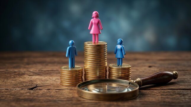 Concept photo illustrating gender pay gap with figurines on stacks of coins.