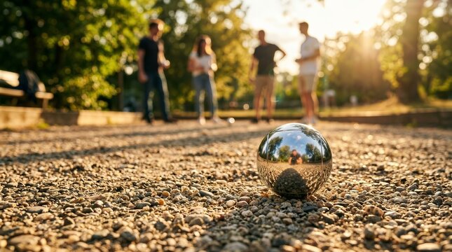 Close-up of a metallic petanque ball on a gravel court during a sunny day game.