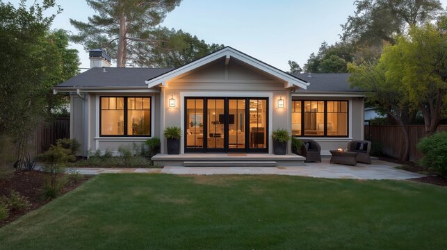 Modern farmhouse ADU with a single-level design and frontal elevation, showcasing a landscaped backyard with clean architecture and a welcoming residential setting in Marin County.