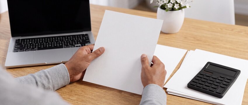 Person holding a blank white sheet of paper at a wooden office desk with laptop with document while sitting person holds administrative professional calculator with stationery