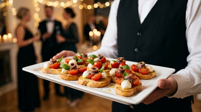 A waiter holds a tray of gourmet appetizers at a cocktail party.