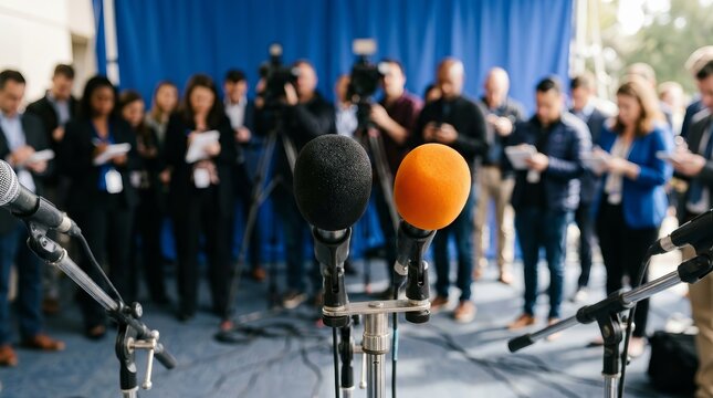 Press conference microphones on stands for media event communication.