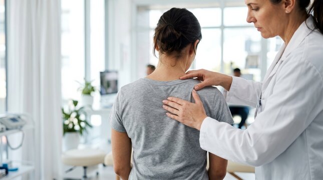 Professional doctor examines woman's upper back and spine for pain relief.