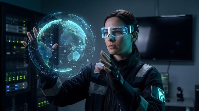 cybersecurity concept with female data scientist monitoring global network traffic via AR headset