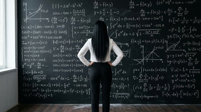 Rear view of a thoughtful woman solving complex math problems on a black chalkboard.