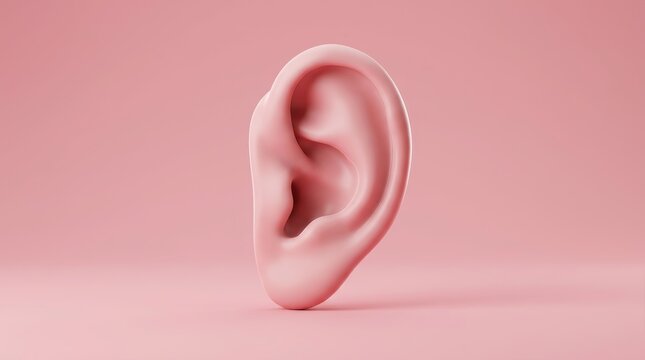 3D render of a pink human ear illustrating the delicate organ of hearing.