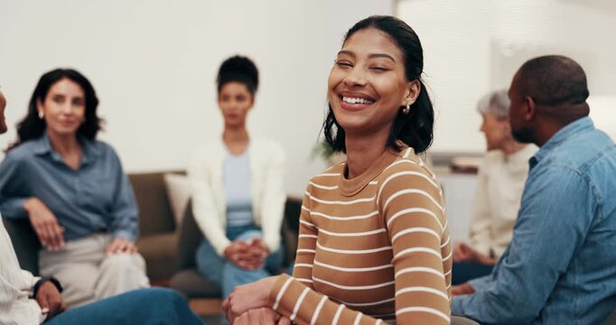 Counseling, smile and woman in support group for therapy, rehabilitation circle and healing session. Office, face and happy person in psychology meeting for recovery, laugh and mental health wellness