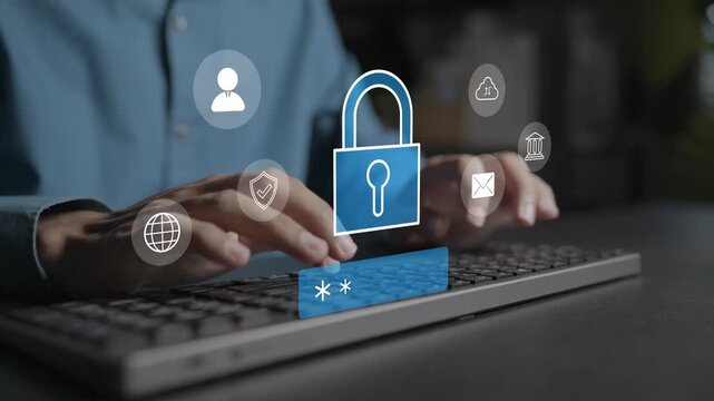Privacy, secure data and password protection platform concept. Person typing keyboard with security key, encrypted data and guard icons, robust access control and privacy safety.