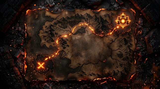 Glowing fantasy treasure map with burning edges and gold castle icon