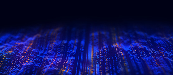 Blue and orange particle data field on a dark background with glowing dotted streams and soft...