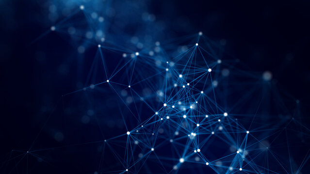 Blue abstract data network with glowing connection points and thin intersecting lines on a dark background. Futuristic technology image for neural network, digital communication, artificial intelligen