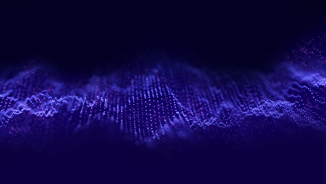 Violet and blue dotted waveform stretching across a dark background with soft glowing depth and abstract digital particles. Futuristic technology background for data visualization, signal energy, virt