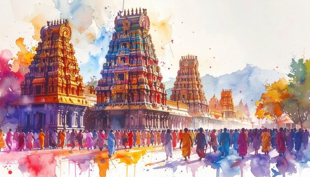 Vibrant watercolor procession of pilgrims moving through a historic temple complex in Tamil Nadu with colorful gopurams