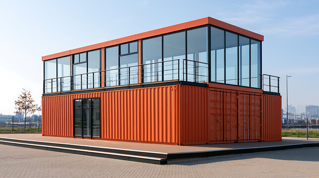 Modern orange shipping container architecture building with glass windows, balcony and metal structure for sustainable office and commercial use