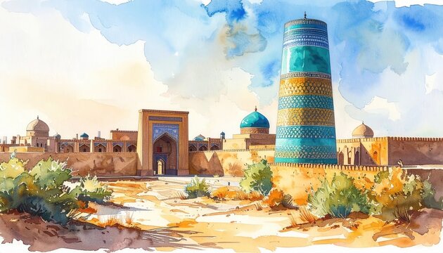 Watercolor view of a desert landscape featuring an ancient Central Asian minaret and mud brick structures under a blue sky