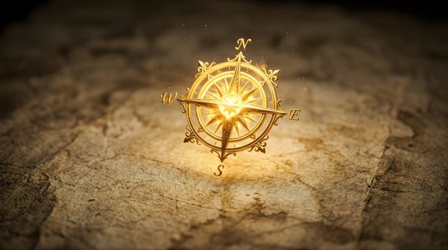 Glowing golden compass floating over an ancient textured map background