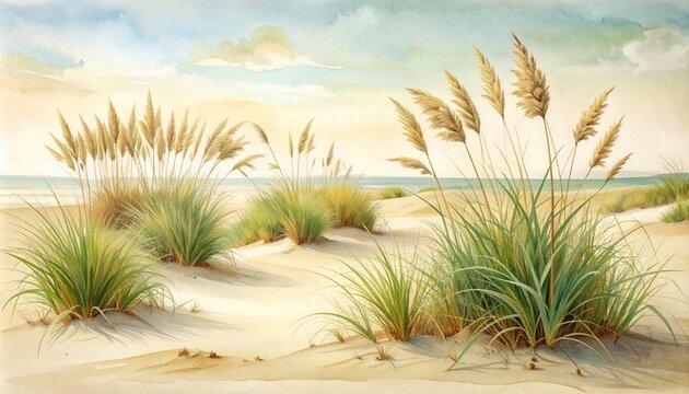 Detailed artistic watercolor painting depicting coastal sand dunes featuring wild pampas grass and a soft ocean horizon view