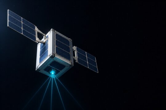 Small satellite in dark space with glowing IoT connectivity beams