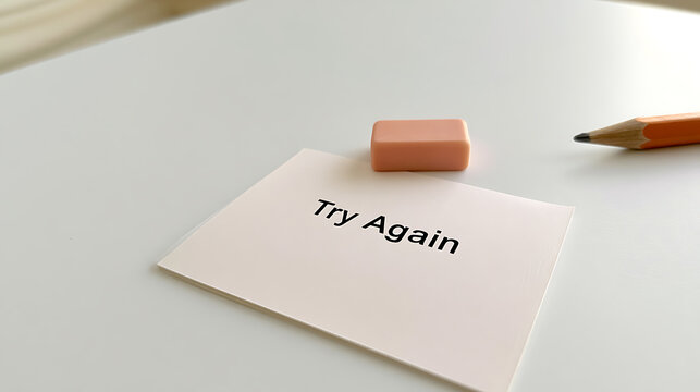 A note with text try again sits on a white desk next to an eraser and a pencil representing perseverance and motivation for success