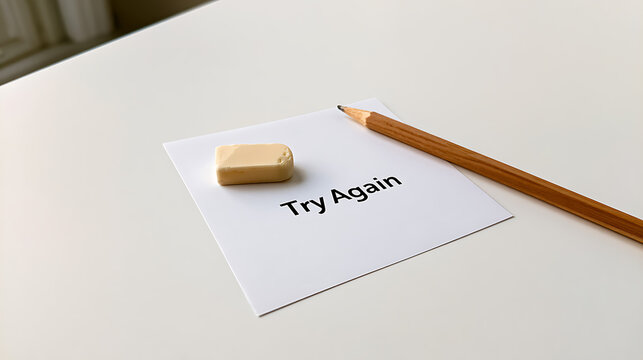 A white paper note with try again text printed on it, accompanied by a wooden pencil and rubber eraser, symbolizing persistence and hope