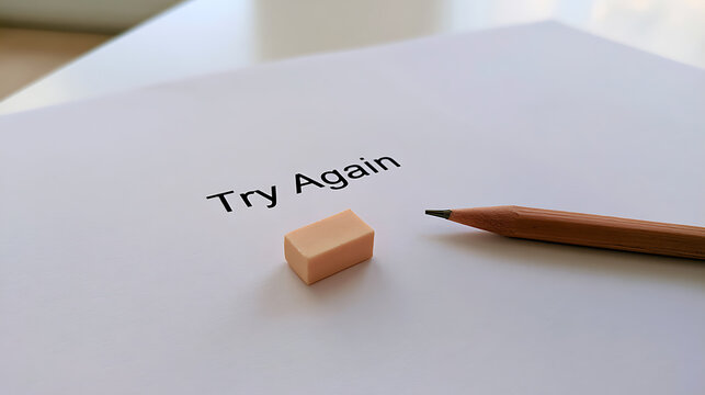 A close up view of text try again printed on paper sheet with eraser and pencil representing business strategy mistake correction concept