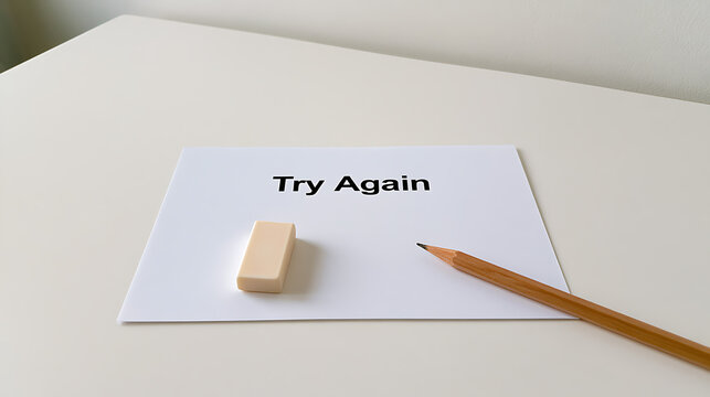 A card with text try again next to a wooden pencil and rubber eraser on white background for motivation and perseverance concept image design