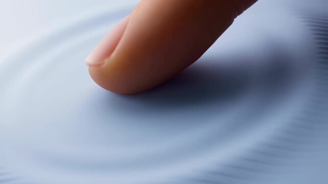 Finger pressing soft textured surface creates visible ripples across pale material in close view, showing gentle touch interaction, flowing patterns, and detailed movement in minimal indoor setting