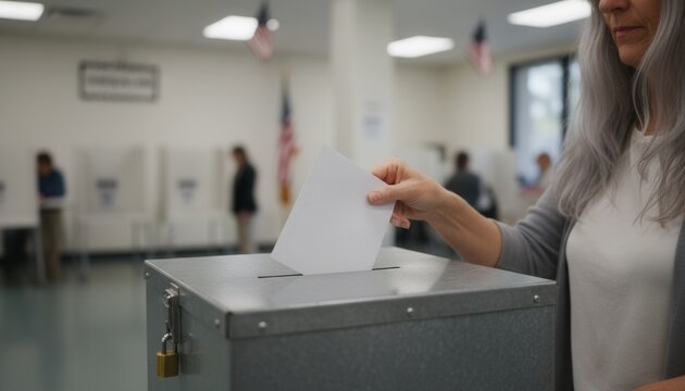 Silver haired woman carefully casting her secure ballot paper envelope into a metal voting box during a civic election polling station process