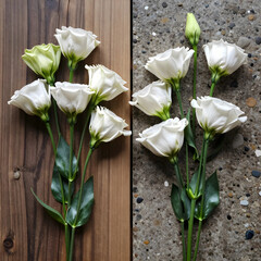 Obraz premium Wedding floral arrangement and interior design, white eustoma flowers on contrasting wood and stone textures for elegant home decor and event styling