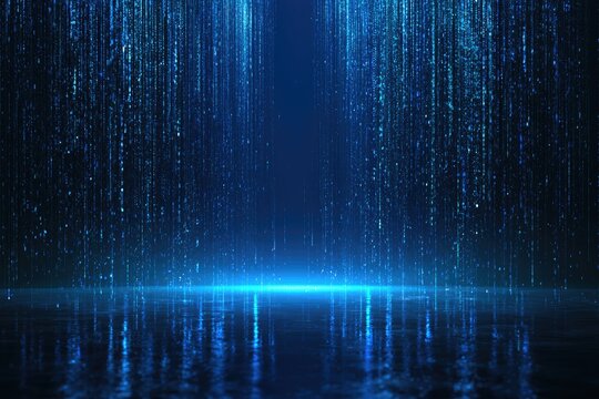 Digital blue particles descend from above, illuminating a reflective surface