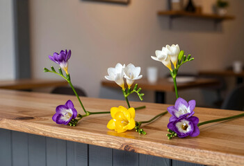 Obraz premium Spring freshness and floral decor colorful freesia flowers on a wooden counter for interior design hospitality wellness and lifestyle branding