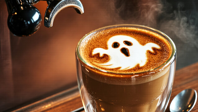Barista prepares coffee with ghost latte art in a glass cup by the espresso machine. Ideal for coffee shop advertising, barista training, seasonal promotions, menu design, blogs, Halloween concept