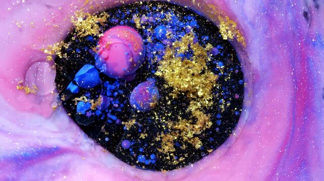 Pink and Blue Liquid Bubbles with Golden Speckles on Black, Abstract 4K Video Background