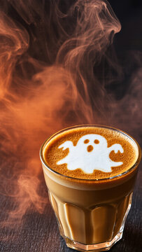 Glass of coffee with ghost latte art and orange smoke. Ideal for Halloween cafe promotions, seasonal advertising, creative beverage menus, marketing banners, blogs, and social media campaigns.