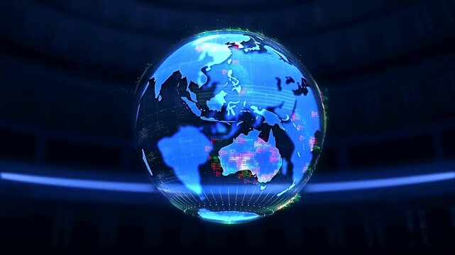 Glowing digital globe rotates above dark interface background, displaying illuminated world map details with blue reflections, smooth movement, and visual context for global technology communication