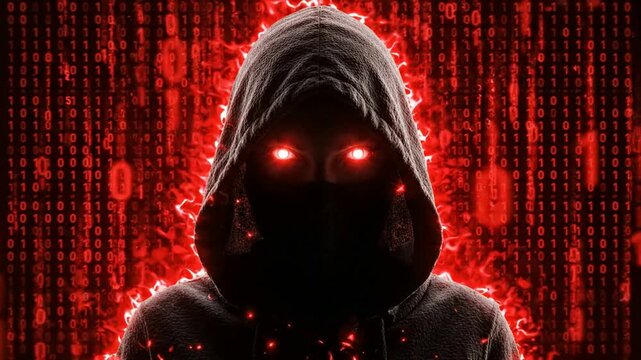 Cyber hacker with glowing red eyes and digital binary code background, anonymous online security threat concept