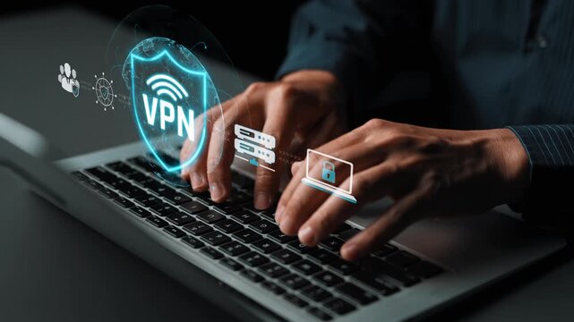 Hands Typing on Laptop with VPN Icon and Cybersecurity Elements Representing Data Protection and Online Privacy in a Digital Environment Sigmoid