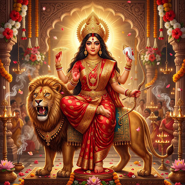 Goddess Jagaddhatri Seated on Roaring Lion Holding Bow, Arrow, Chakra, and Shankha in Temple