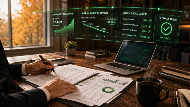 CFO hands reviewing Q4 budget plan with floating 3D autumn financial forecasting hologram